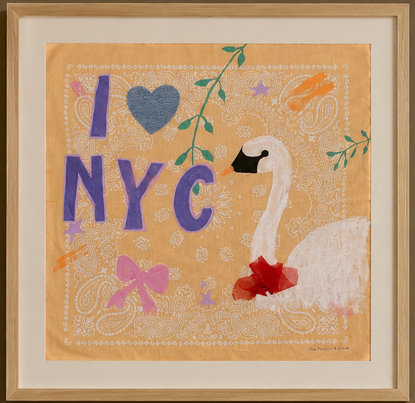 Three framed art prints displayed on a brown wall. The top-left print has a beige background with a swan, blue 'NYC' lettering, and a red heart.